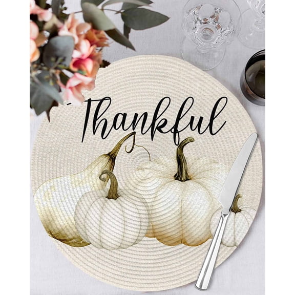15 Inch Round Placemats Set of 4, White Pumpkin Non Slip Heat Insulation PP Table Mats, Thanksgiving Fall Autumn Harvest Seasonal Washable Place Mats for Kitchen Dining Party Table Decor