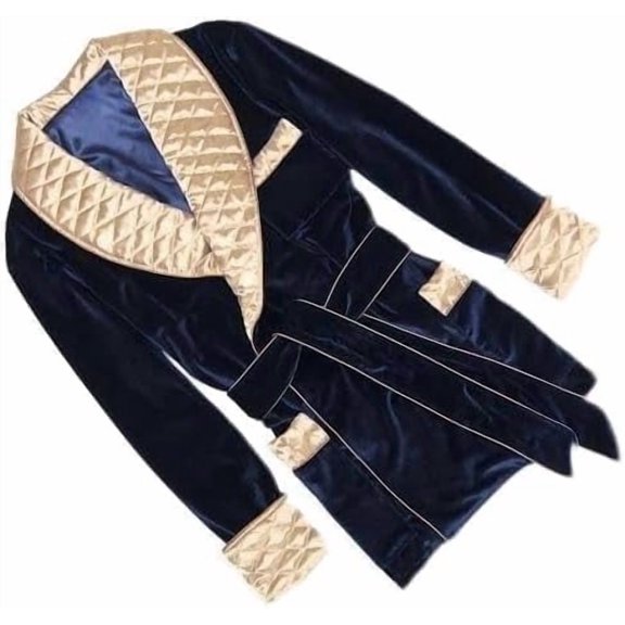 Men’s Velvet Smoking Jacket with Belt | Quilted Shawl Collar Luxury Loungewear Coat | Classic Wrap Lounge Blazer with Pockets