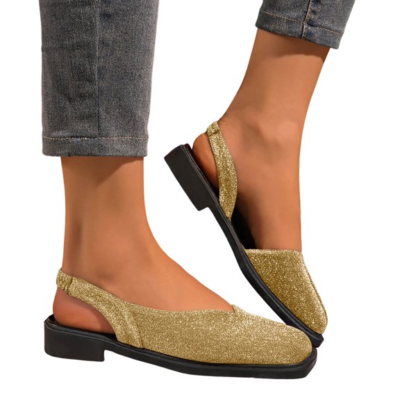 Rokment Metallic Glitter Closed Toe Mules Slingback Dressy Sandals for Women Stylish Casual Square-Toe Chunky Low Heels Slip on Walking Loafers Summer Fall Flat Dress Shoes Gold Size 6