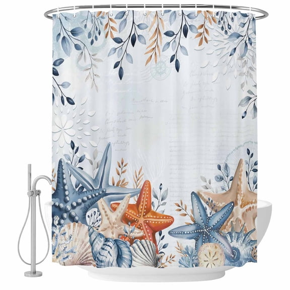 Eucalyptus Leaves Starfish Bathroom Shower Curtains with Hooks, Shells Summer Ocean Nautical Waterproof Fabric Washable Shower Curtain for Home Hotel Bathtub Decor 72x72 Inch