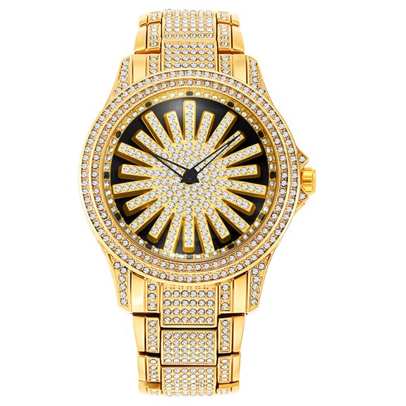 Men's Iced Out Watch with Rotating Dial Crystal Quartz Butterfly Clasp Bling Wristwatch Sparkling Crystals Mineral Strengthened Glass Alloy 45mm Dial 21mm Band 18mm Thickness Gold Silver