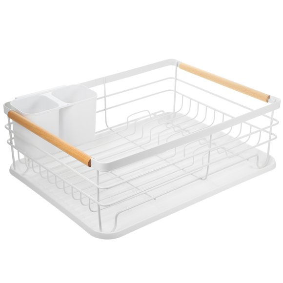 MOVTOTOP Égouttoir à Vaisselle Durable avec Porte-Couverts pour Comptoir Fer Blanc Bois PP 14x8.3 Pouces