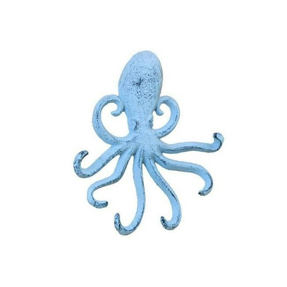 Handcrafted Decor K-0754-blue Rustic Dark Blue Whitewashed Cast Iron Wall Mounted Decorative Octopus Hooks- 7 in.