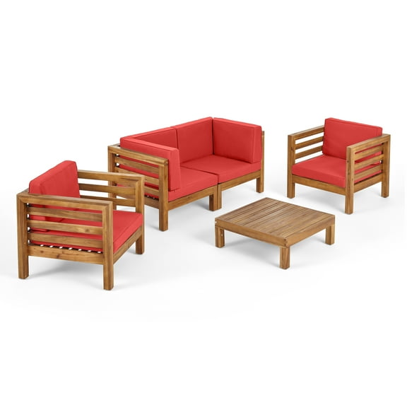 Frankie Outdoor 4 Seater Acacia Wood Loveseat Chat Set, Teak and Red