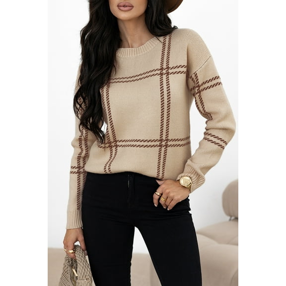 Ushdele Chic Plaid Knit Sweater: Drop Shoulder, Timeless Elegance