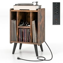 Topbuy Record Player Stand w/ Charging Station & USB Ports, Nightstand Side Table w/ Vinyl Storage Cabinet for Living Room Bedroom, Album Display Shelf Turntable Brown