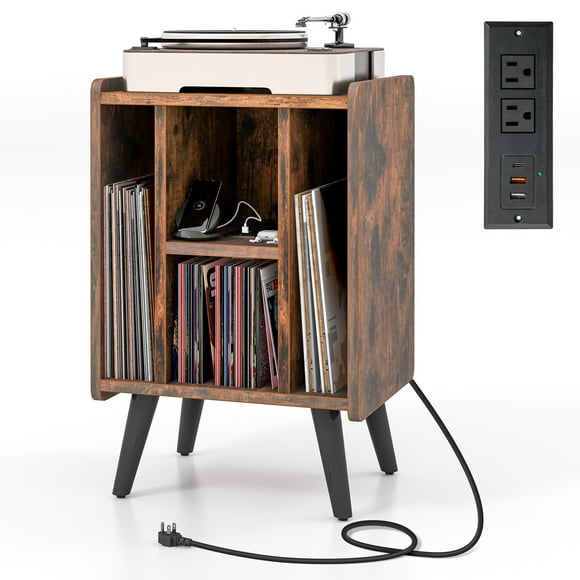 Patiojoy Record Player Stand w/ Charging Station & USB Ports, Nightstand Side Table w/ Vinyl Storage Cabinet for Living Room Bedroom, Album Display Shelf Turntable Brown