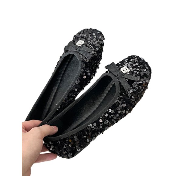 Woobling Women Flat Shoes Sequins Ballet Flats Slip On Loafers Lightweight Casual Womens Fashion Glitter Dress Shoe Black 5