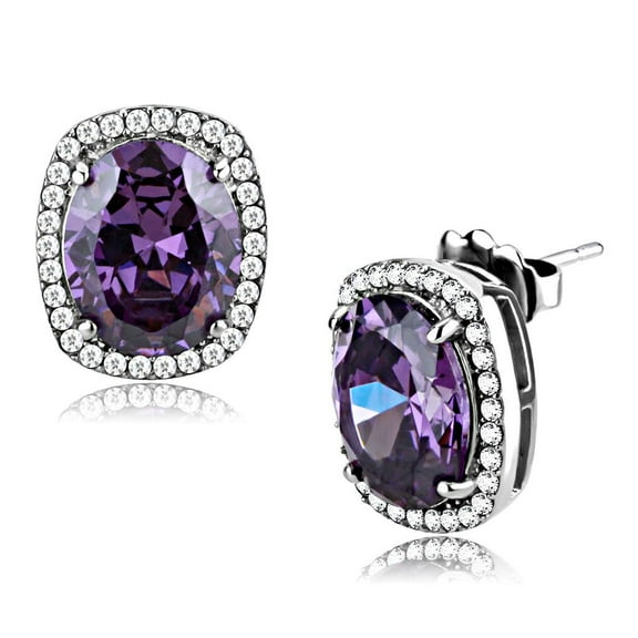 DA298 - High polished (no plating) Stainless Steel Earrings with AAA Grade CZ in Amethyst