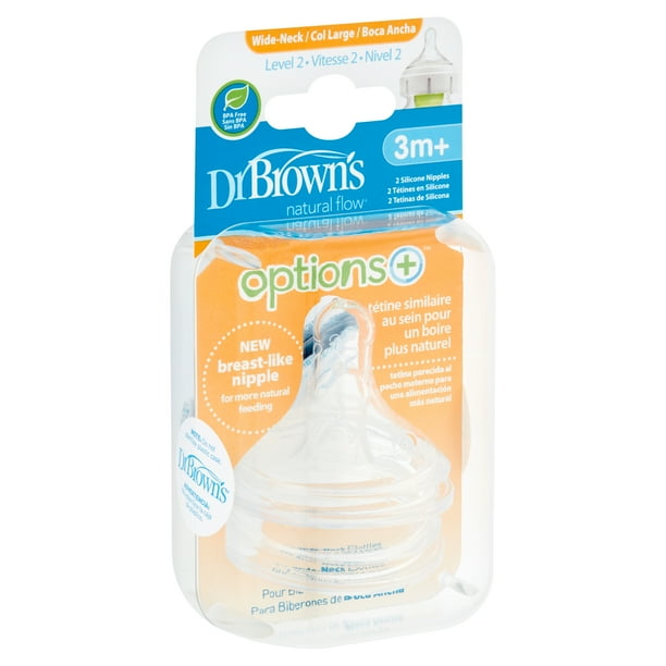Dr. Brown's Natural Flow Options+ WideNeck Silicone Nipples, Level 2, 3m+, 2 count Walmart