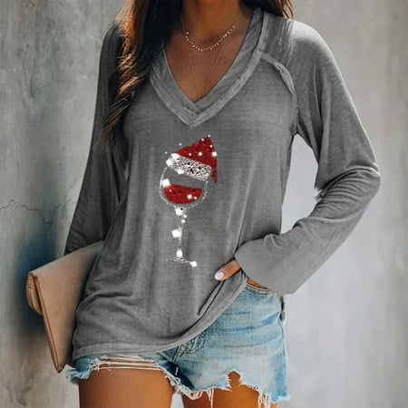 

Women s Christmas Wine Glass Print Blouses Casual Long Sleeve Loose V Neck Cute Comfy Pullover T-shirt Shirt Top Fashion Casual Comfy Long Sleeve Fall Winter Blouse Tops