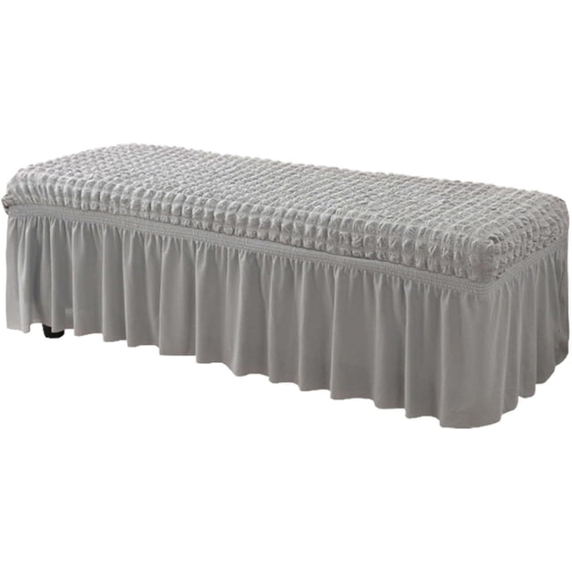 Seersucker Piano Bench Covers with Ruffle Long Skirt, Stretch Dining Room Bench Slipcovers Solid Color Upholstered Rectangle Long Chair Protectors for Hotel Bedroom(Light Gray,Medium)