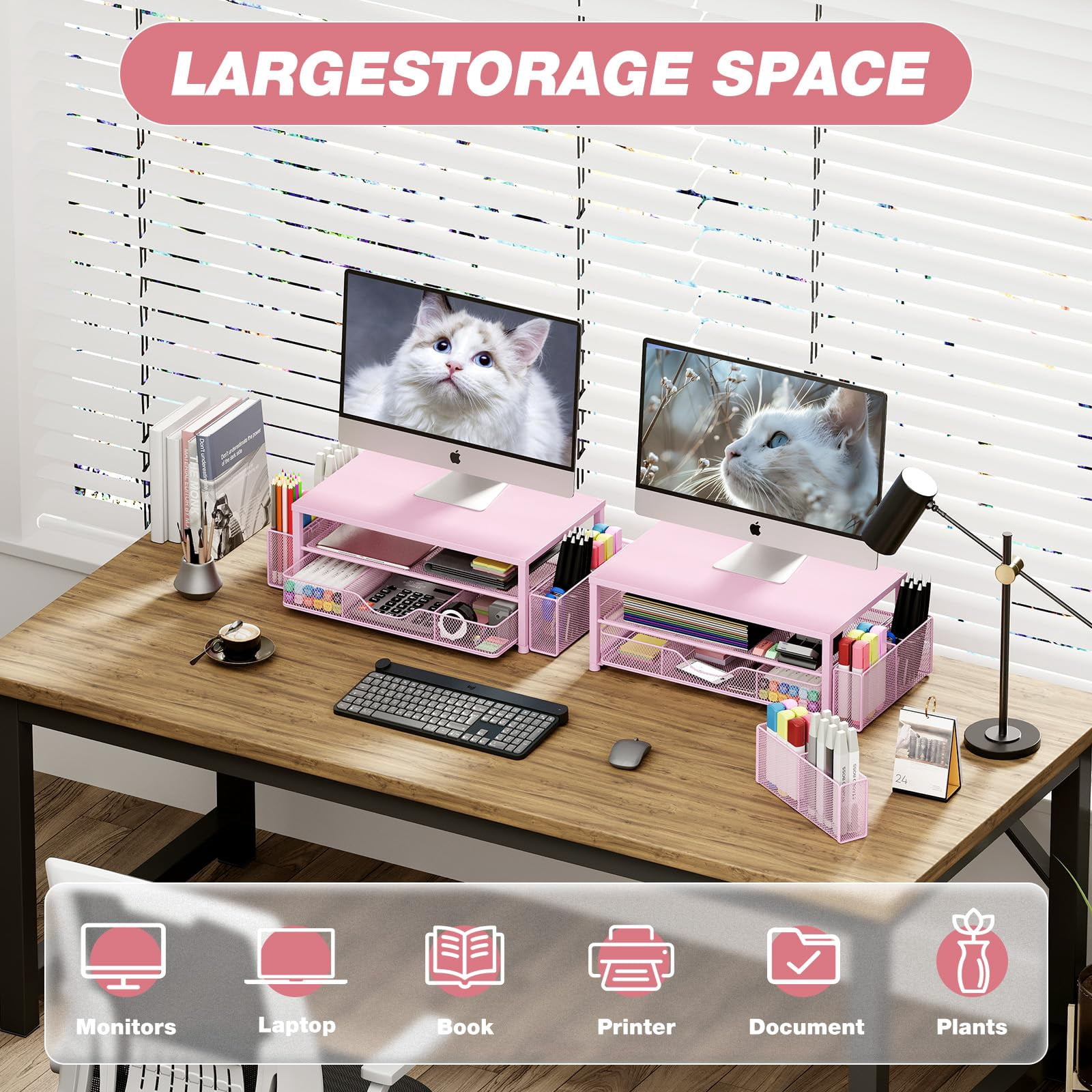 Desk Organizers And Accessories  2-tier Computer Monitor Stand Riser With Drawer 2 Pen Holders Laptop Office & Decor For Women Pink