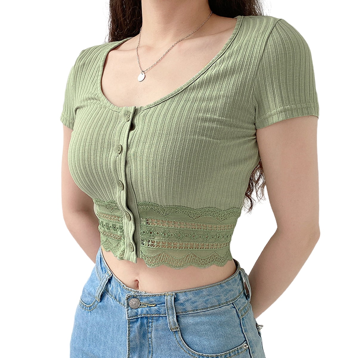 wybzd Women Short Sleeve Button Down E-Girl Crop Shirts Streetwear - Walmart.com
