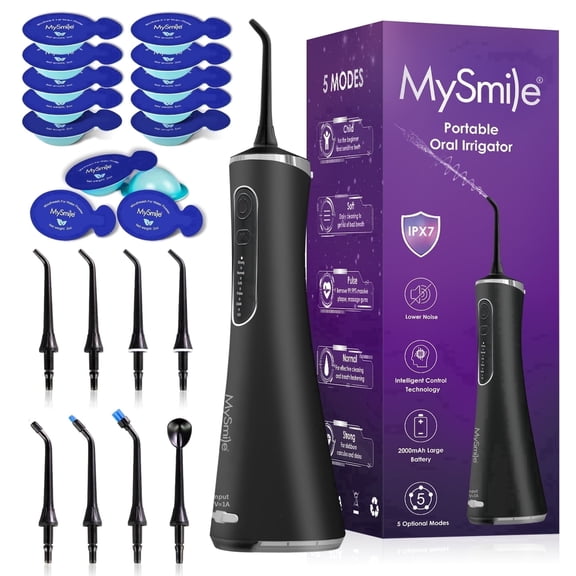 MySmile LP211 Cordless Water Flosser with 30Pcs Mouthwash Travel Combo Pack, Portable Waterproof Electric Dental Oral Irrigator for Teeth Cleaning, 5 Modes, 8 Refill Jet Tips and a Storage Bag, Black