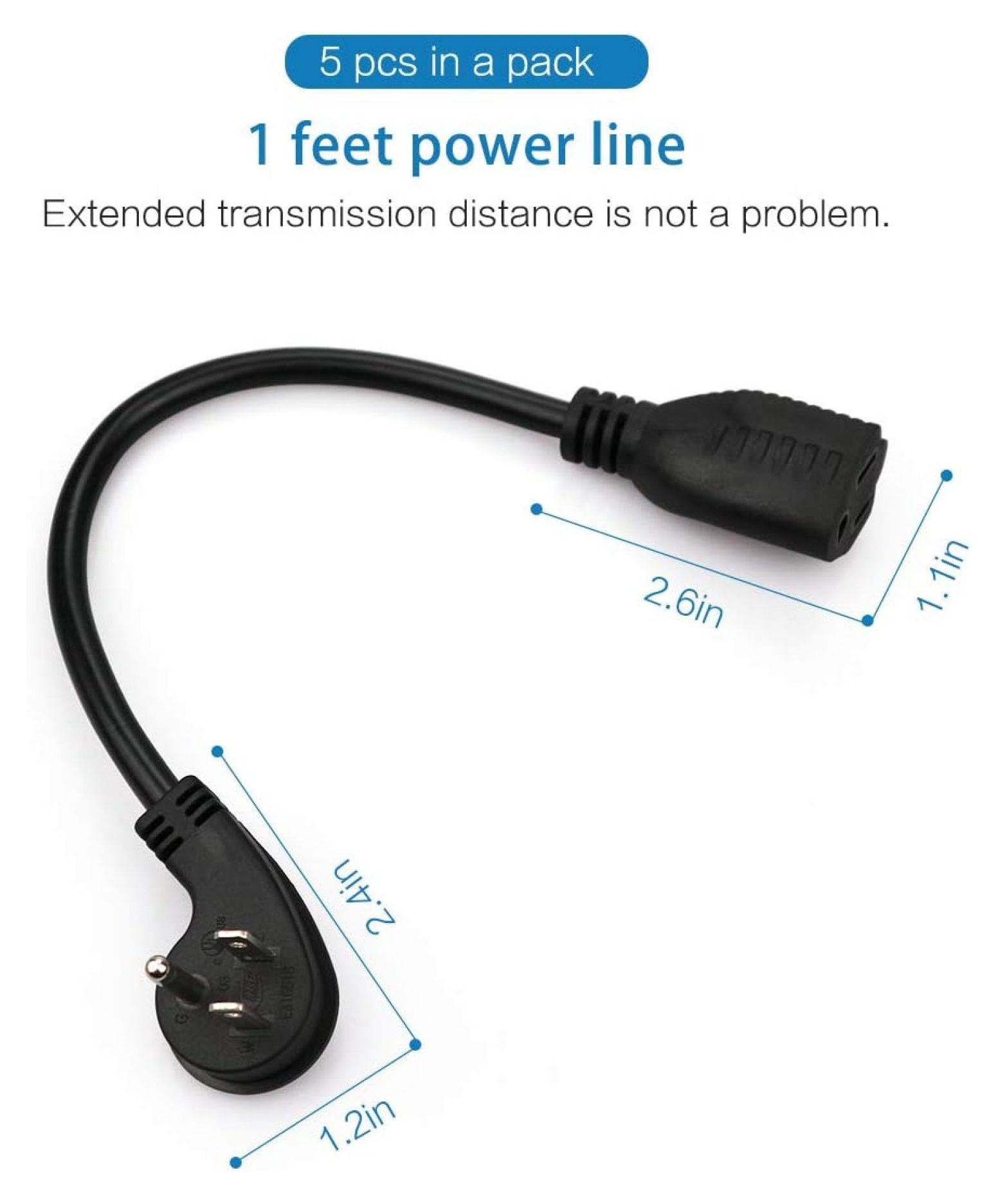 Flat Plug Short Extension Cord, Right Angle 3 Prong, 1625 watts, 16 AWG, 13 amps 125 Volts, UL Listed, 5 Pack, Black 1 Foot by YfulYde
