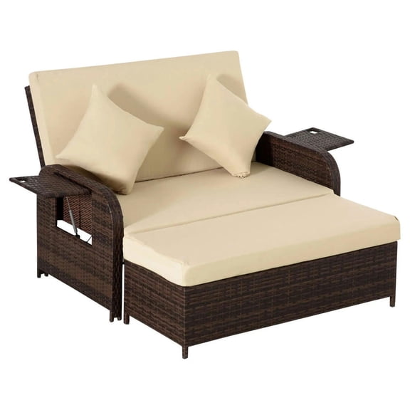 Topcobe Outdoor Rattan Daybed Set, All-Weather Wicker Lounger with Loveseat, Ottoman, Coffee Table & Side Tables, Perfect for Poolside, Porch, and Backyard, Beige