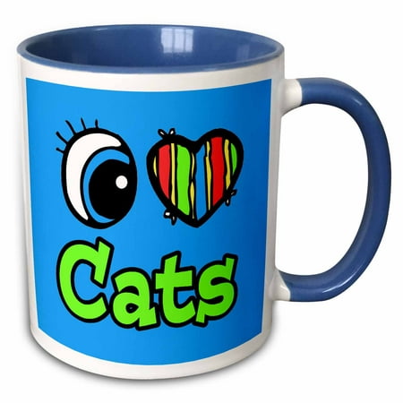 

3dRose Bright Eye Heart I Love Cats - Two Tone Blue Mug 11-ounce