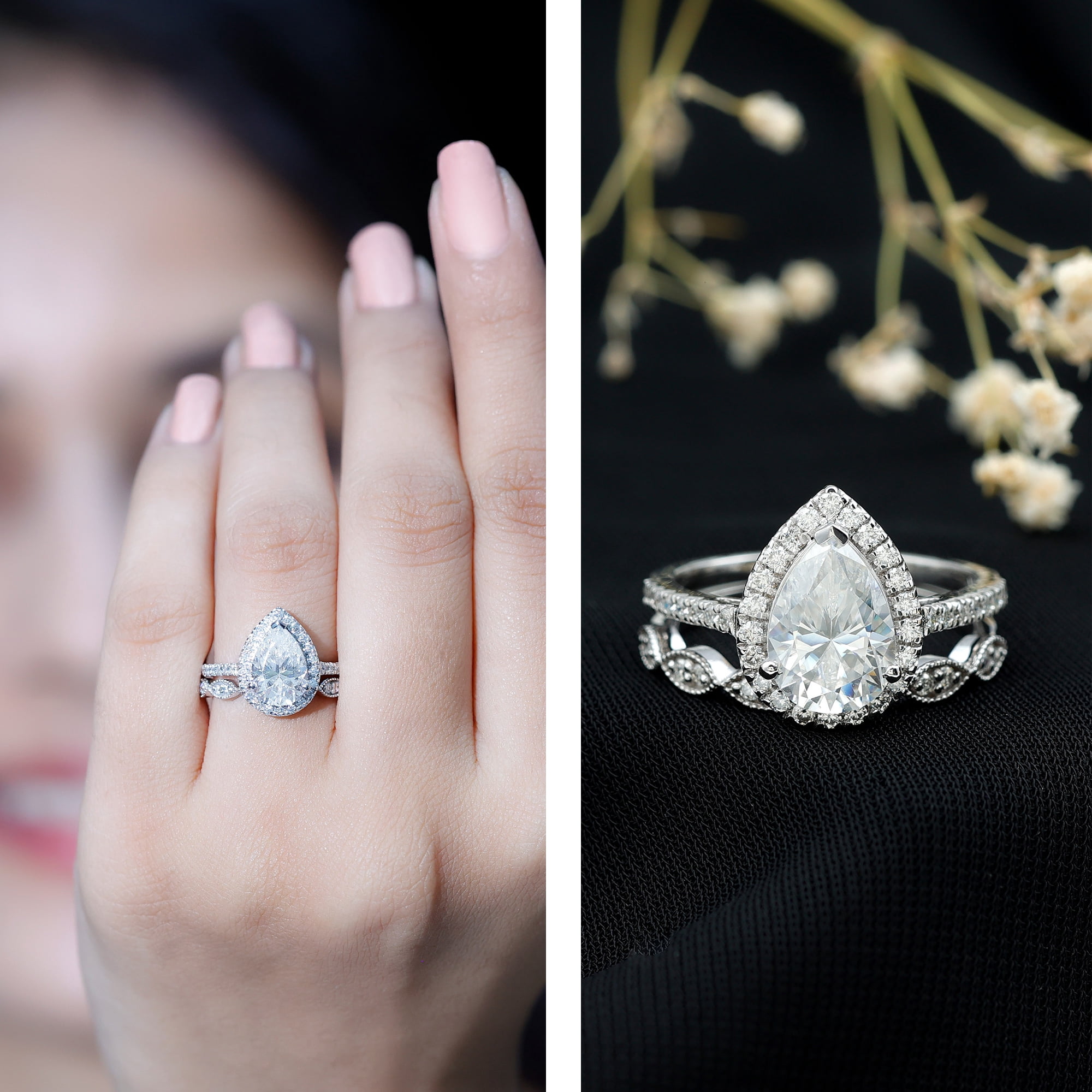 Rosec Jewels Pear Shape Cubic Zirconia Ring Set for Women, Wedding Engagement Ring Set, 925 Sterling Silver, US 10.50