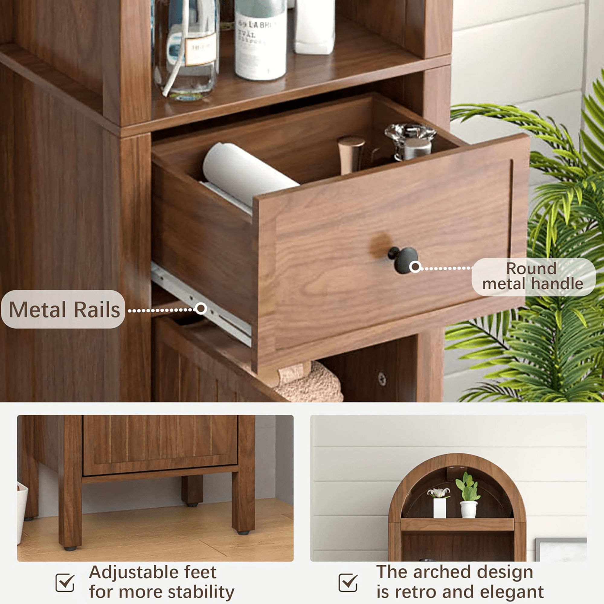 Oubayajia 64" Tall Bathroom Storage Cabinet, Narrow Tall Arched Linen Standing Tower Cabinet, Kitchen Cupboard with Adjustable Shelf and Drawer