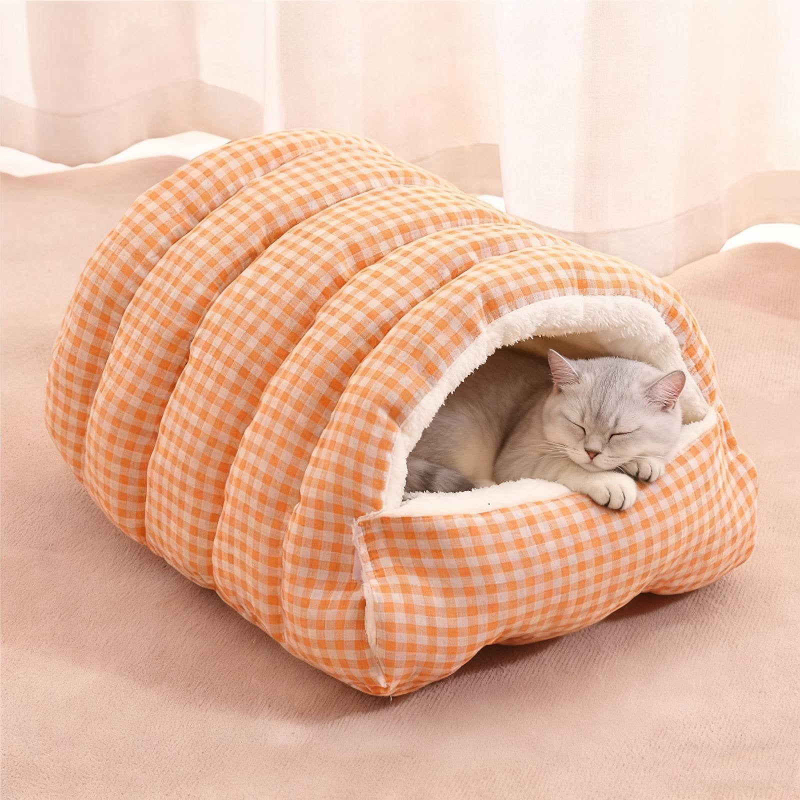 2 In 1 Hooded Pet Bed for Small Dogs & Cats, Winter Plush Calming Dog & Cat Cave bed for Indoor Outdoor, Wear-resistant Removable Washable Dog & Cat House with Non-Slip Bottom，Plaid