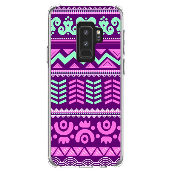 DistinctInk Clear Shockproof Hybrid Case for Samsung Galaxy S9  PLUS (6.2" Screen) - TPU Bumper, Acrylic Back, Tempered Glass Screen Protector - Pink Green Aztec Tribal