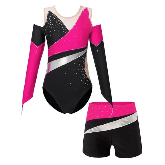 inhzoy Kid Girs 2PCs Gymnastic Outfits Color Block Ballet Dance Leoatrd with Shorts,Sizes 6-16 Pink 16