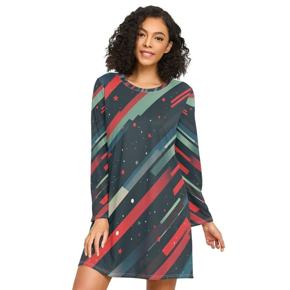 FORMRS Womens Long Sleeve Nightgowns Crew Neck Sleep Shirt Soft Pajamas Sizes S-3XL, Stars Abstract Lines