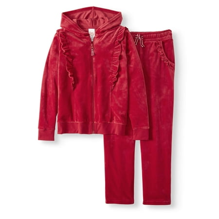 Comfy Hoodie Set - Wonder Nation Girl's Ruffled Velour Hoodie and Pant 2-Piece Set
