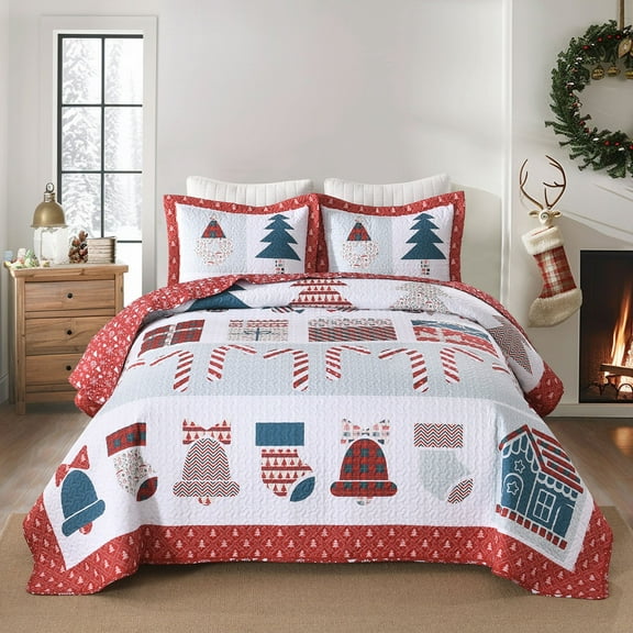 3 Pcs Holiday Bedspread Set Reversible Christmas Quilt Soft Lightweight Polyester with Festive Motifs Home Decor