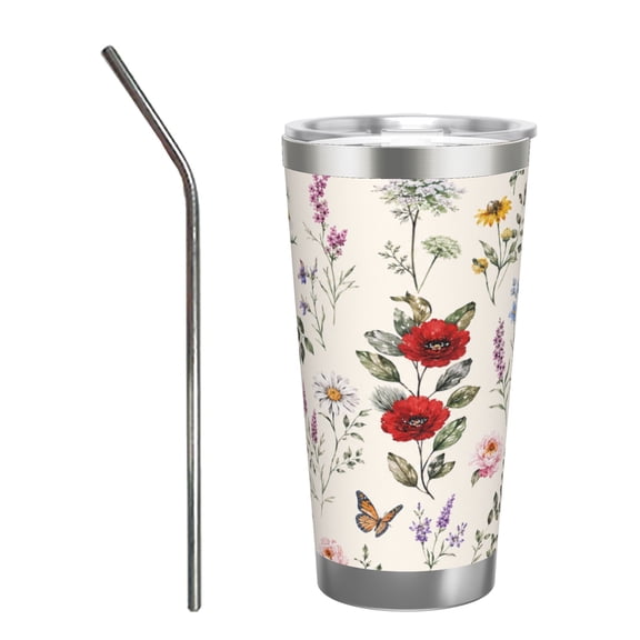 20oz Wildflower Butterfly Tumbler with Handle and Straw Stainless Steel Insulated Travel Coffee Cup Gift for Women with Stainless Steel Straw