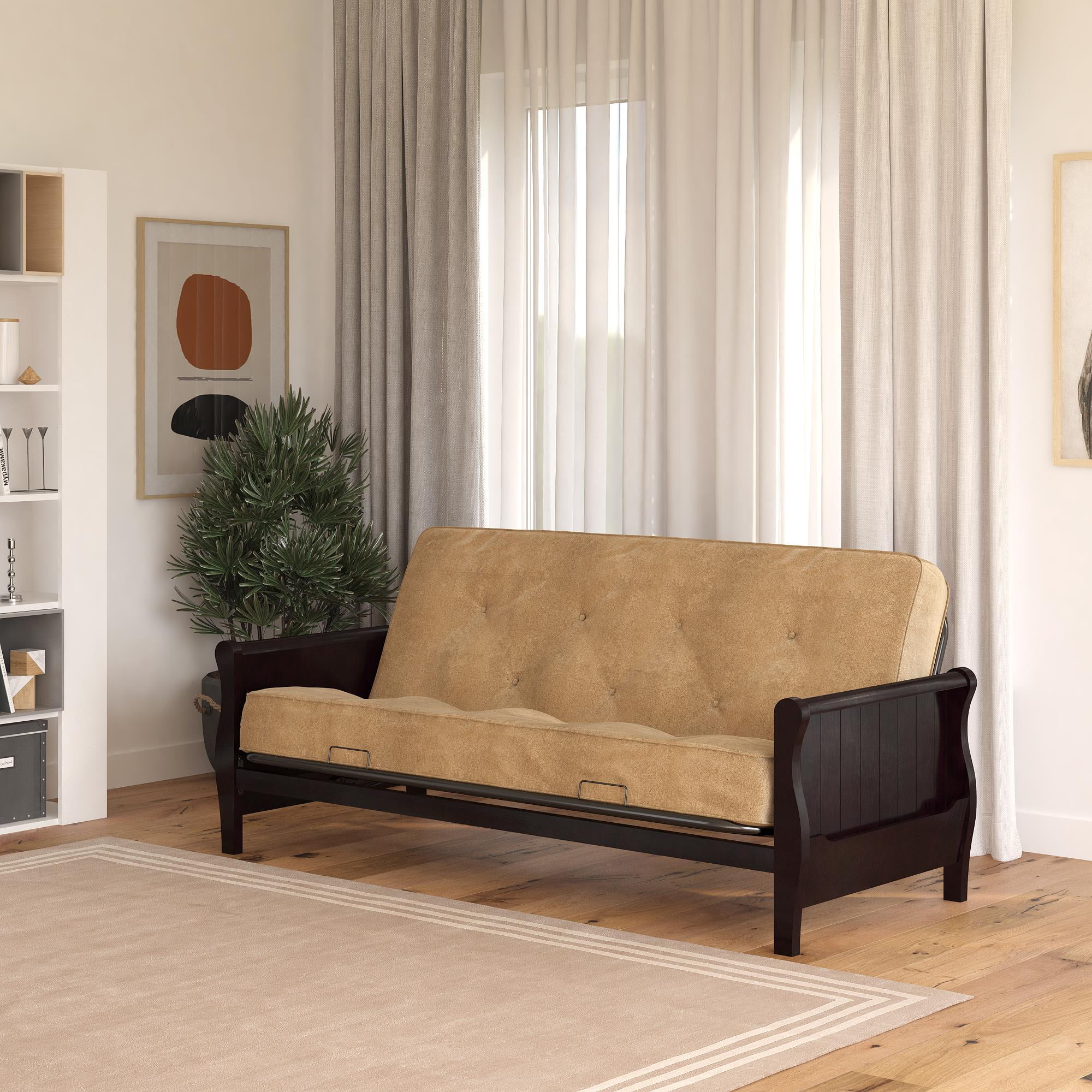 DHP Wood Arm Futon with Espresso Finish and 8" Coil Mattress, Oatmeal