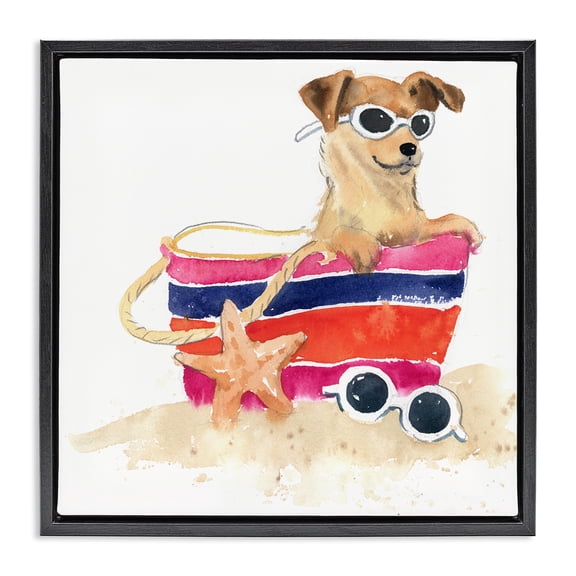 Stupell Industries Coastal Sandy Dog in Beach Bag Black Floating Frame Canvas Art, 18 x 18, by Geoff Allen