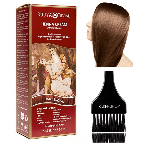 Surya Brasil All Natural HENNA Hair Color CREAM Plant Extracts,  Semi-Permanent for Grey Coverage (with Brush) Brazil (LIGHT BROWN) -  