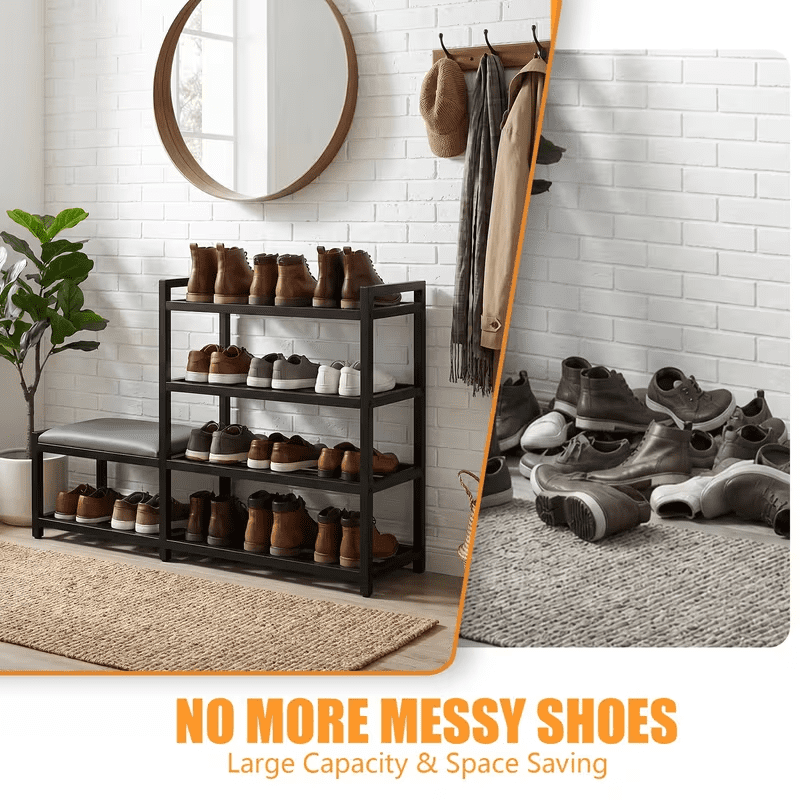 4-Tier Shoe Rack with Cushion,Heavy Duty Carbon Steel Frame, Anti-Slip Feet, Space-Saving Storage Organizer Shelf for Entryway, Living Room, Bedroom,Black