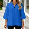 thumbnail image 2 of Fashion Women’s Pullover Hoodie – Solid Color Zip V-Neck 3/7 Sleeve Casual Top with High Low Hem, Loose Comfortable Blouse Blue, 2 of 4
