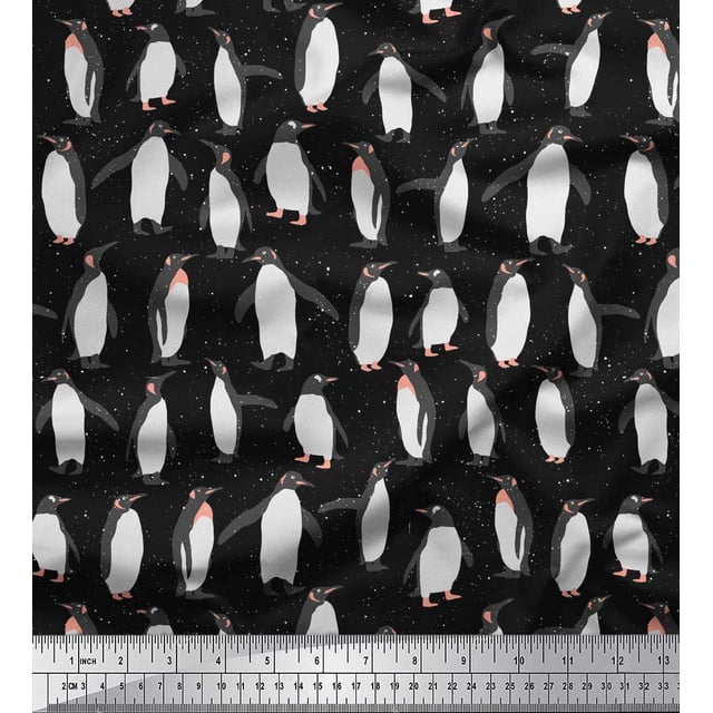 Soimoi Black Poly Georgette Fabric Penguin Ocean Print Fabric by the Yard 52 Inch Wide