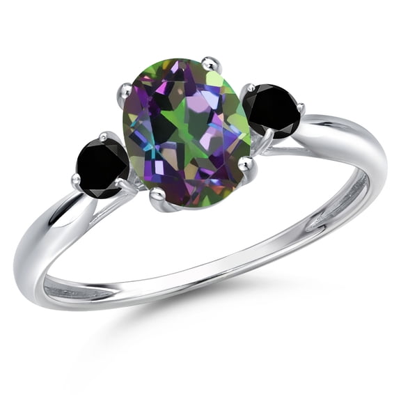 Gem Stone King 10K White Gold Green Mystic Topaz and Black Diamond 3-Stone Ring for Women | 1.78 Cttw | Oval 8X6MM | Gemstone November Birthstone | Size 9