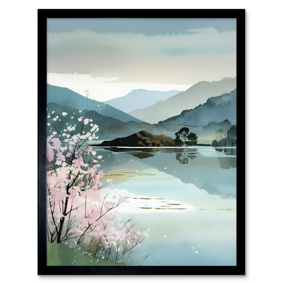 Lakeside Landscape with Cherry Blossom Tree Modern Watercolour Painting Art Print Framed Poster Wall Decor 12x16 inch