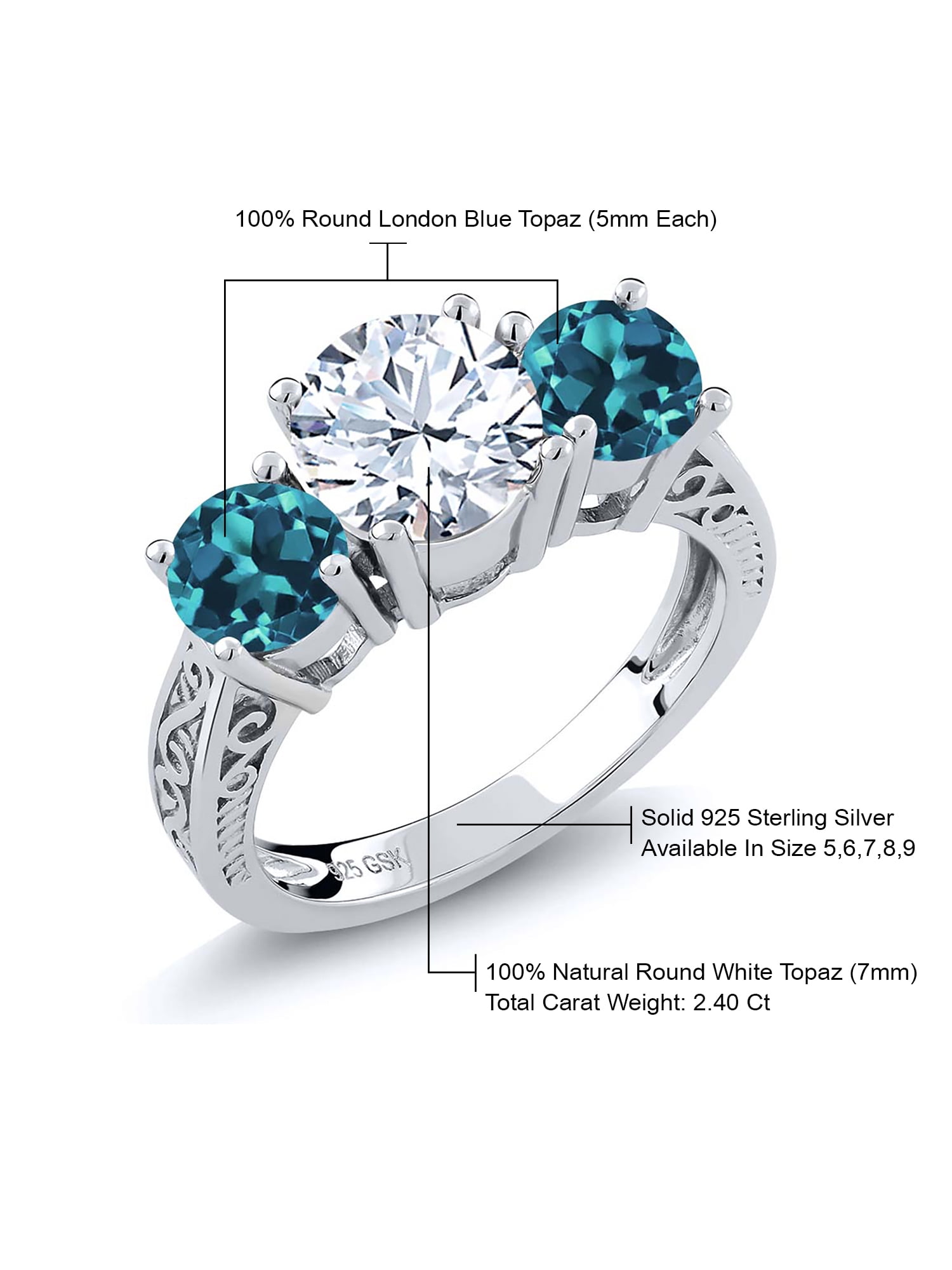 Gem Stone King 0.68 Ct Round London Blue Topaz White Diamond 925 Sterling Silver 3-Stone Ring Gem Stone King 0.68 Ct Round London Blue Topaz White Diamond 925 Sterling Silver 3-Stone Ring