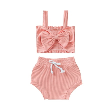 

jaweiw Baby Girls 2PCS Summer Outfits Set Sleeveless Bow Front Rib Knit Tank Tops + Shorts Clothing