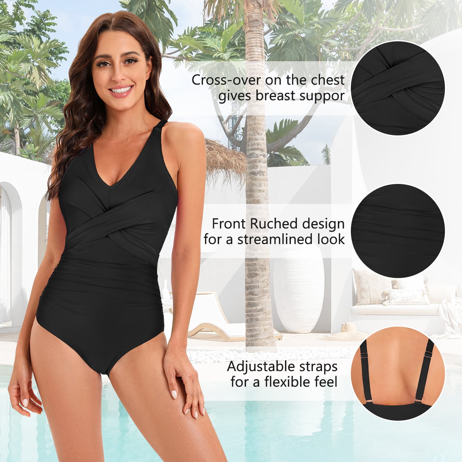 Zando One Piece Swimsuits for Women Plus Size Tummy Control V Neck Bathing Suit Ruched Slimming Swimwear Black 3XL