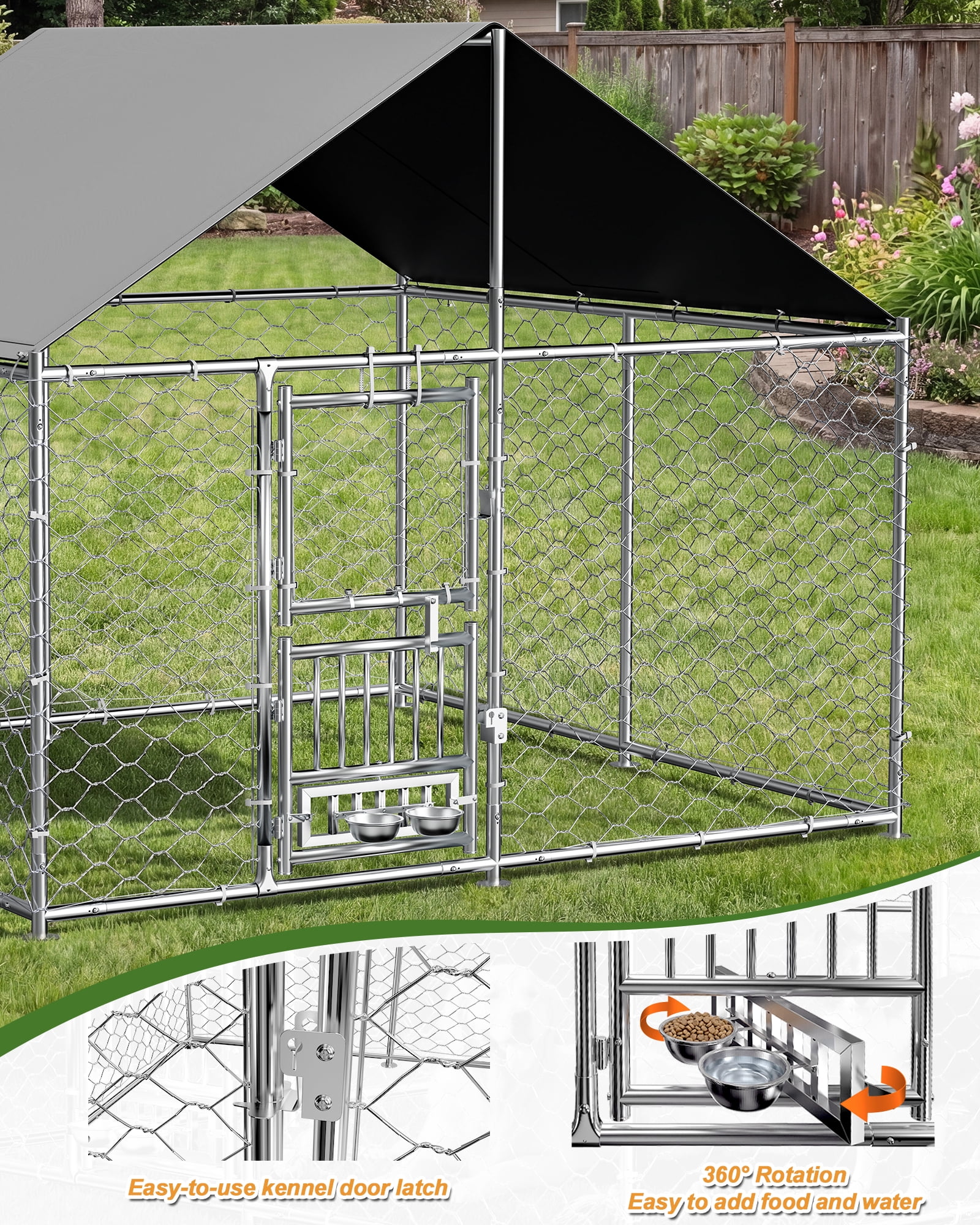All-Weather 7.5'x7.5' Outdoor Dog Kennel, Heavy Duty Anti-Rust Metal Frame with Waterproof UV Cover, Secure Lock & Rotating Feeder, Durable Outside Dog Cage for Backyard Farm
