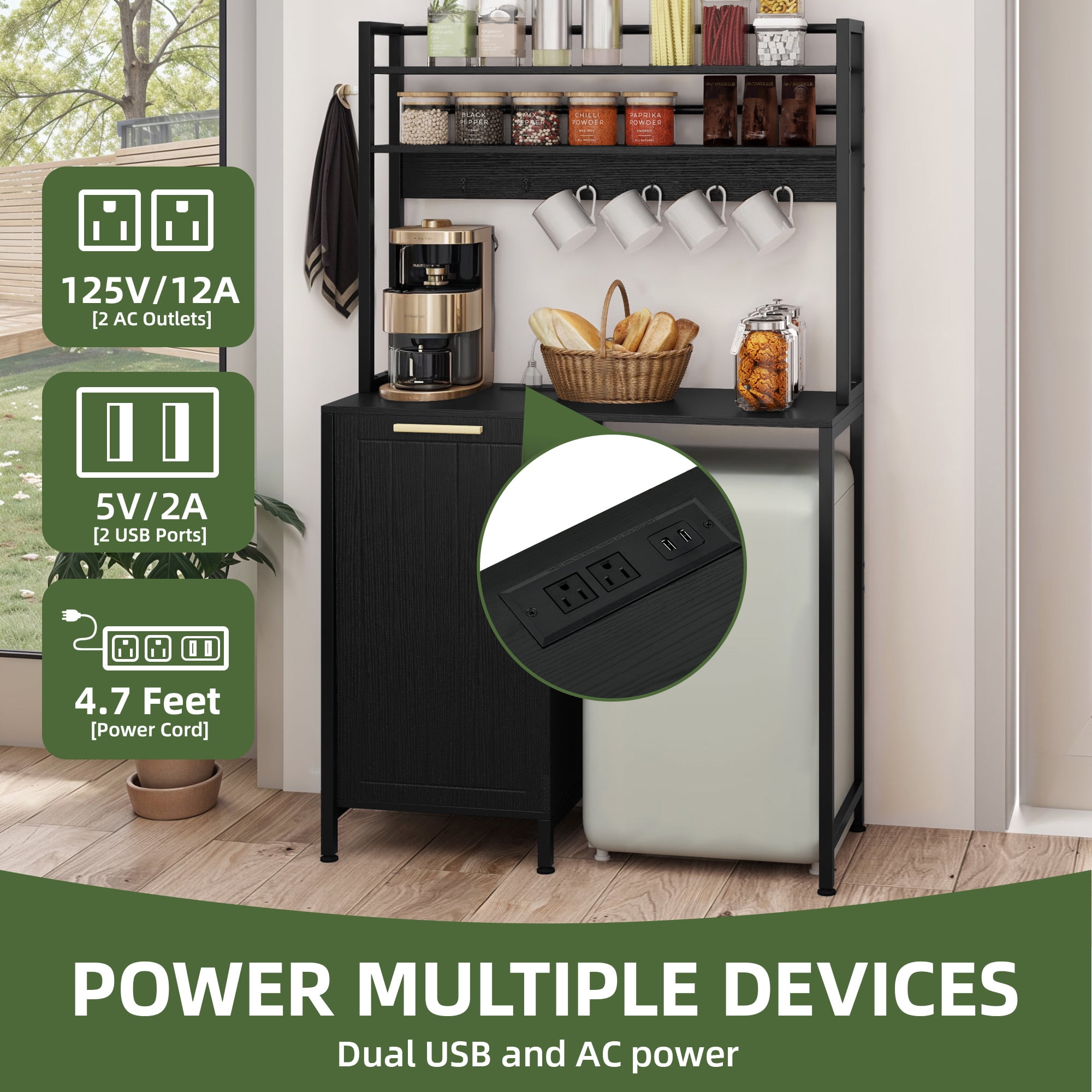 Uforic Kitchen Bakers Rack Mini Fridge Stand with Power Outlets & Trash Storage Cabinet, Black