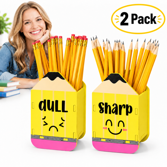 2 Pack sharp dull pencil holders, Wooden Pencil Shaped Organizers for Classroom Storage, Teacher Desk Accessories, School Supplies and Classroom Decor