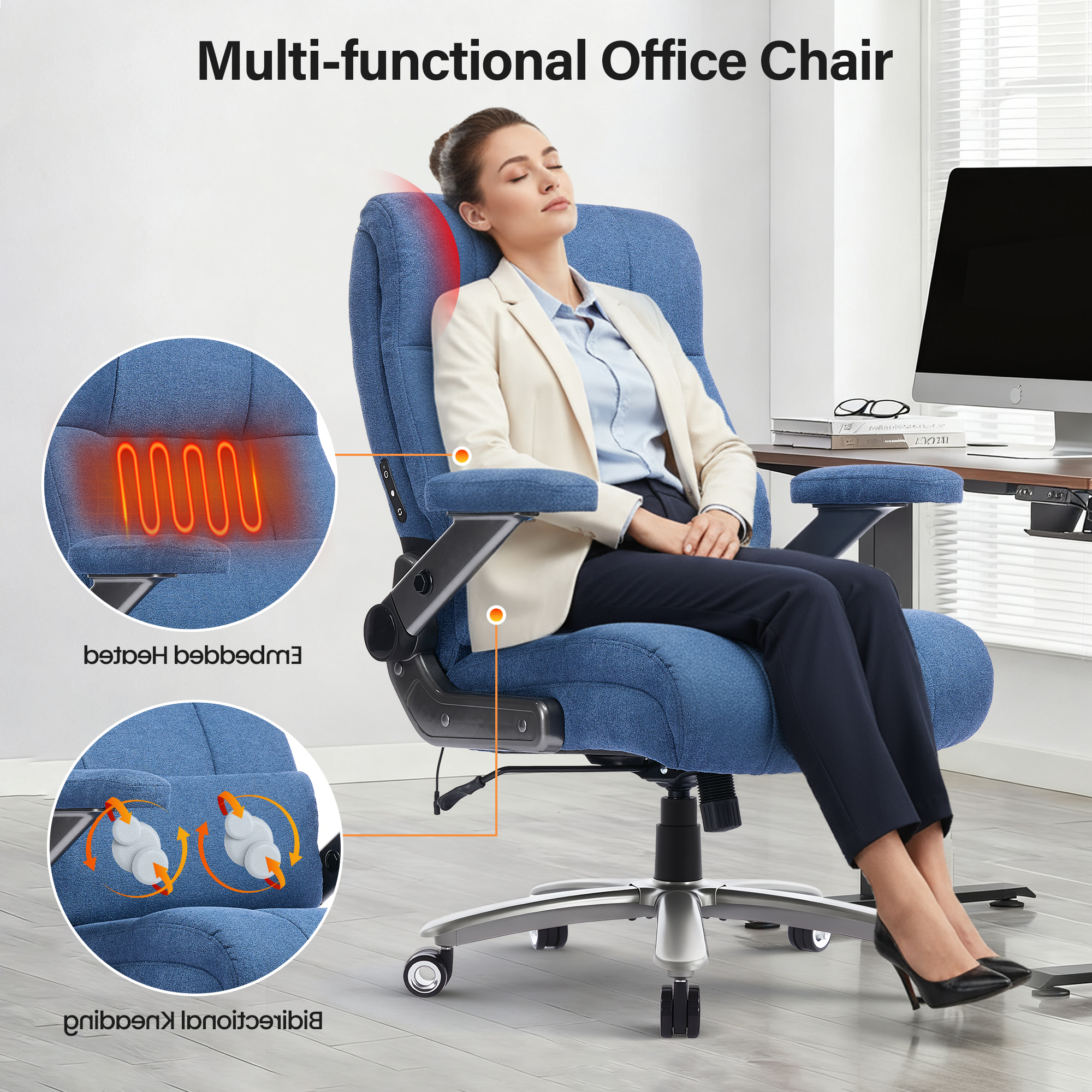EOP 23.62'' Extra Wide Office Chair, 600 Lbs Big and Tall Executive Office Chair with Heat and Kneading Massage, Ergonomic Computer Chair with 3D Flip-up Arms, Blue