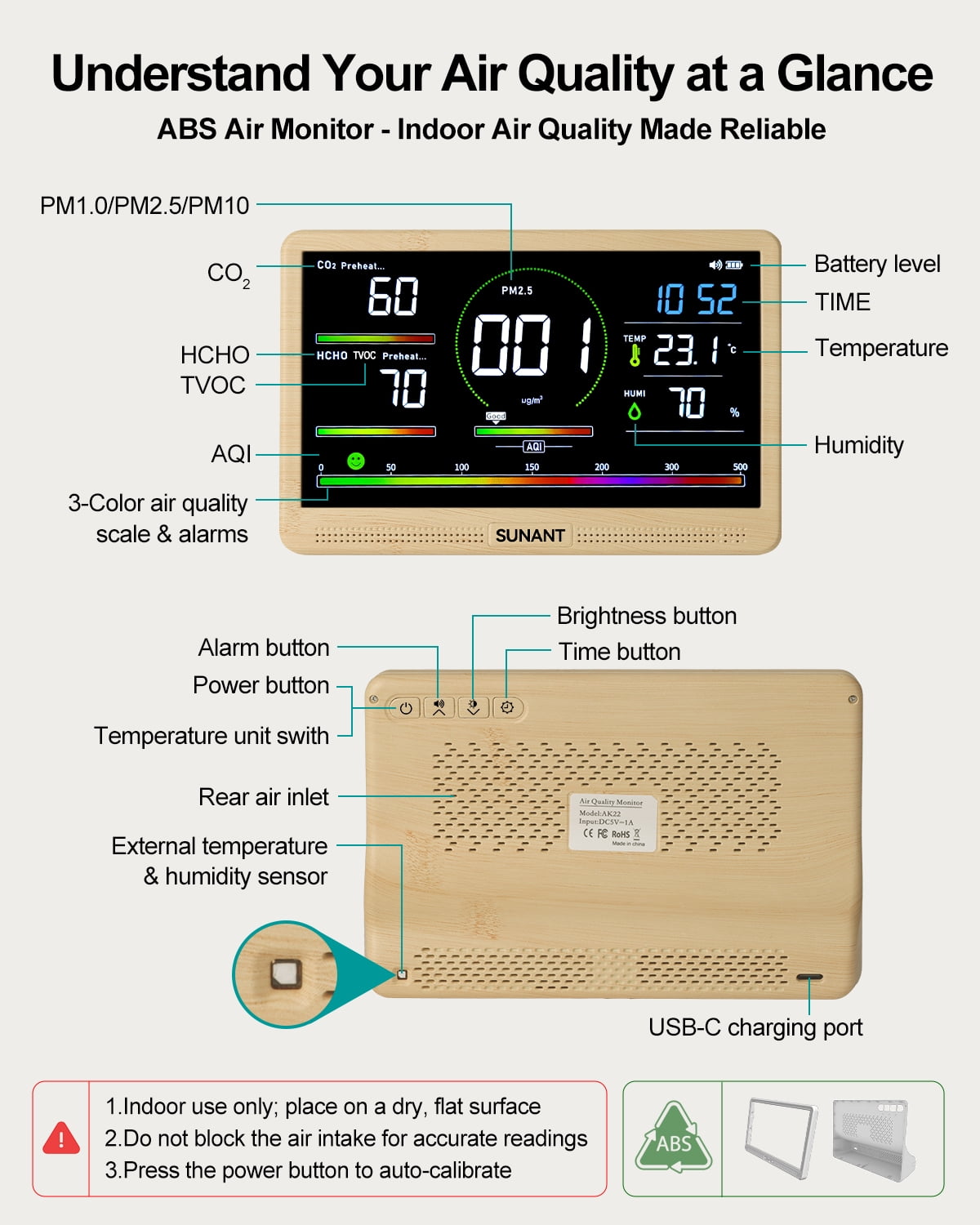 16 in 1 Air Quality Monitor Indoor Detects, CO2 Tester for CO2, TVOC, PM2.5, PM1.0, PM10, HCHO, Temperature Humidity AQI & Time, 2500mAh Battery Powered, LED Display, Auto Alert for Car, Office, Home