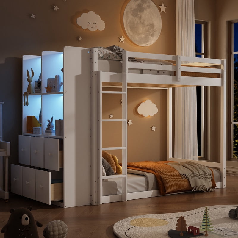 Twin Over Twin Bunk Bed with 6 Storage Drawers, 2-Tier Shelves & LED Light Strip, Reversible Wooden Bunk Bed Frame, Space-Saving Kids Bedroom Furniture
