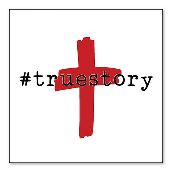 DistinctInk Custom Bumper Sticker - 10" x 10" Decorative Decal - White Background - #truestory - Cross - Christian - Red
