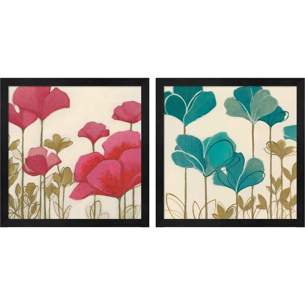 Ladybug Flowers I & II Framed Art Set in Black Frame